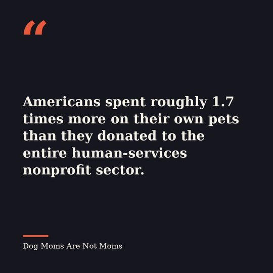 Quote card from Dog Moms Are Not Moms: &ldquo;Americans spent roughly 1.7 times more on their own pets than they donated to the entire human-services nonprofit sector.&rdquo;